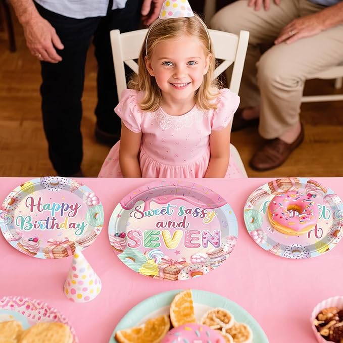 Xynic 200pcs 7th Birthday Decorations for Girls, Convenient Paper Tableware Set Includes Threaded Banner 350gsm Plates and Foil Balloons, for Sweet Sassy and 7 Birthday, Serves 25