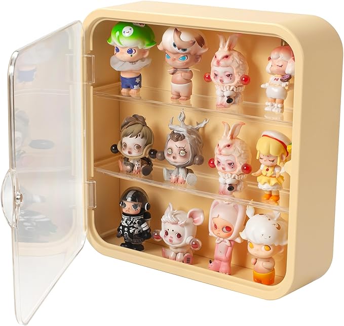 Clear Display Case for Figures, Wall Mounted Clear Display Box, 3 Tiers Adjustable Acrylic Display Box Stand with Magnetic Door for Mini Action Figures Pop Mart Collectibles, Yellow