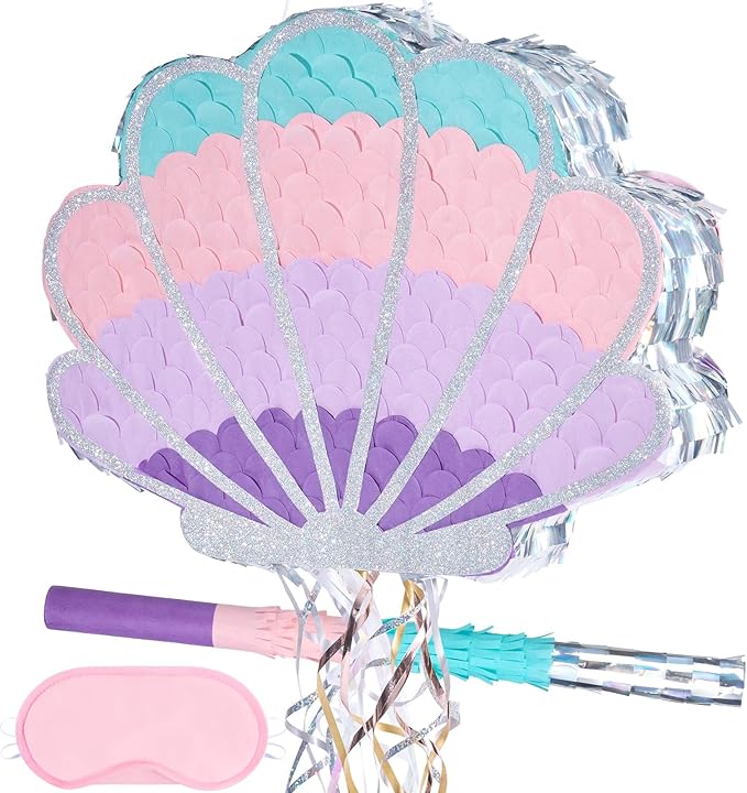Wernnsai Mermaid Seashell Piñata - Pink Shellfish Piñatas for Kids Girls Birthday Mermaid Princess Party Decorations Under The Sea Ocean Theme Party Games With Bat Blindfold 16“ x 12.5" x 3"