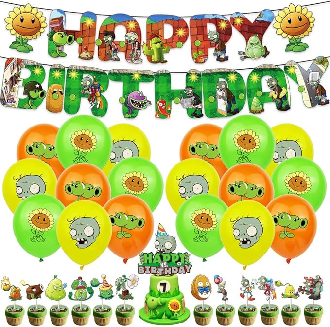 Plant vs. Zom-bies Party Backdrop Party Banner, Cake Topper, Cupcake Topper, Cup Cake Wrappers, Zombies Hanging Swirls and PVSZ Balloons for PVSZ Party Supplies Decorations/Kids Room Decor