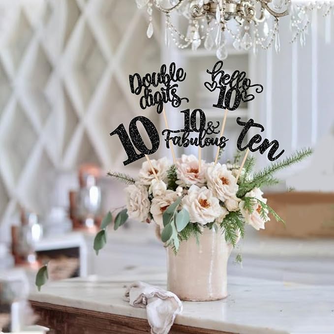 15PCS Happy 10th Birthday Centerpiece Sticks Ten Hello 10 Cheers to 10 Birthday Table Flower Centerpieces Sticks Double Digits 10 Fabulous Floral Decoration for 10th Birthday Party Centerpieces Black