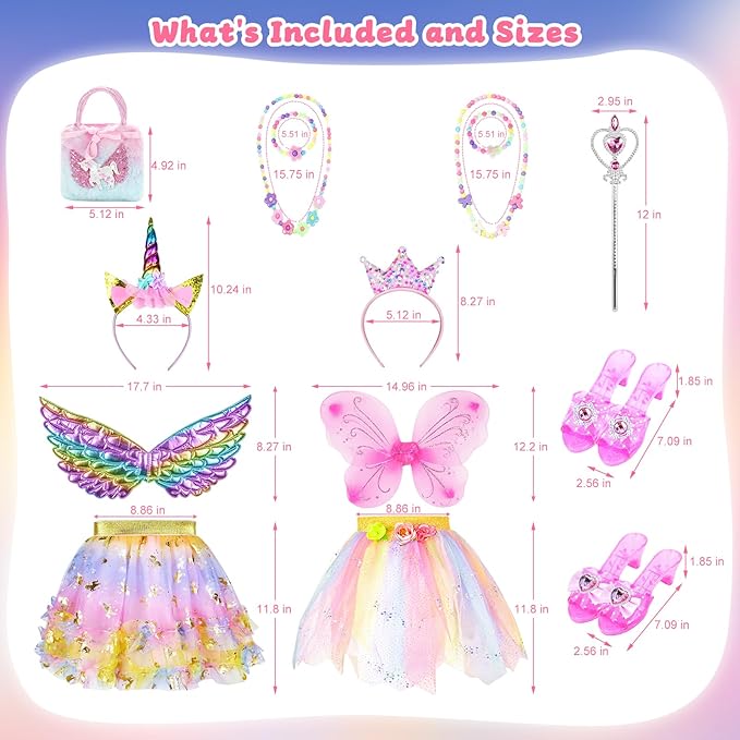 Princess Dress Up Unicorn & Fairy Costume for Girls, Toddler Tutu Set with Wings, Shoes, Jewelry, Headband, Pretend Play Fairy Toys for Girls Ages 3 4 5 Christmas Birthday Gift Rainbow
