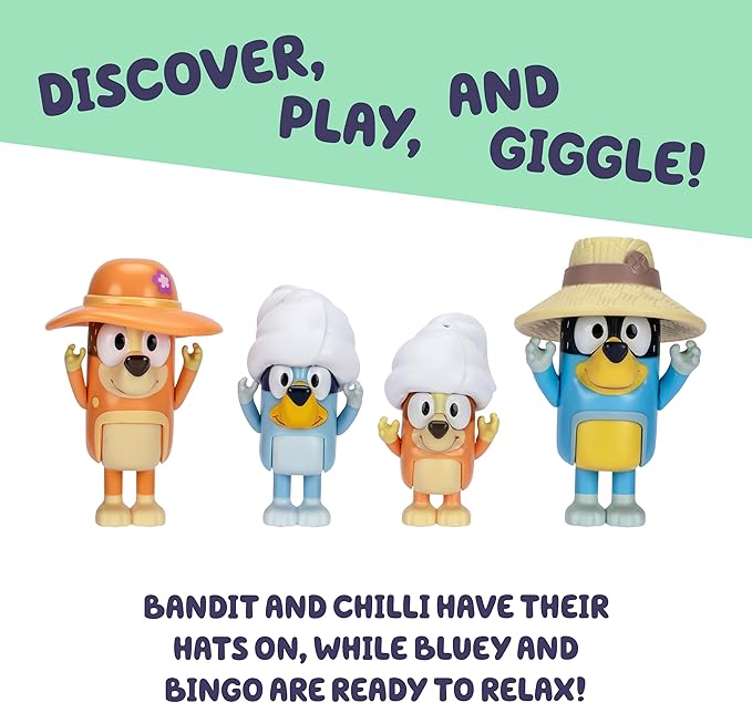 Bluey Family Figures Trip Pack of 4, Articulated Character Toys with Bingo, Bandit, and Chilli Figurines, Action Figures for Kids Ages 3+