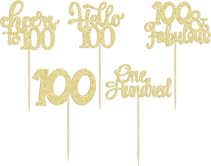 30pcs Happy 100th Birthday Cupcake Toppers - Gold Glitter One Hundred Cheers to 100 Years Old Cupcake Picks for Anniversary Party Cake Decorations