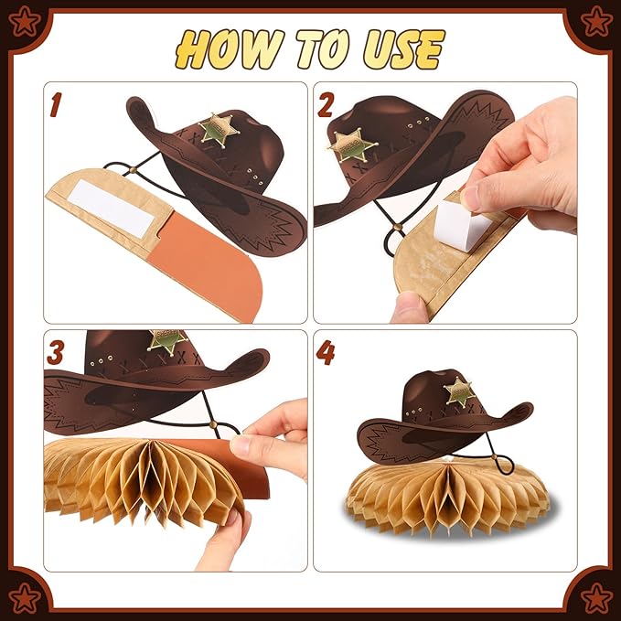 12 Pcs Western Cowboy Party Decorations Honeycomb Centerpieces - Double-Sided 3D Table Toppers for Wild West Theme, My First Rodeo Birthday, Nashville Bachelorette & Baby Shower Supplies