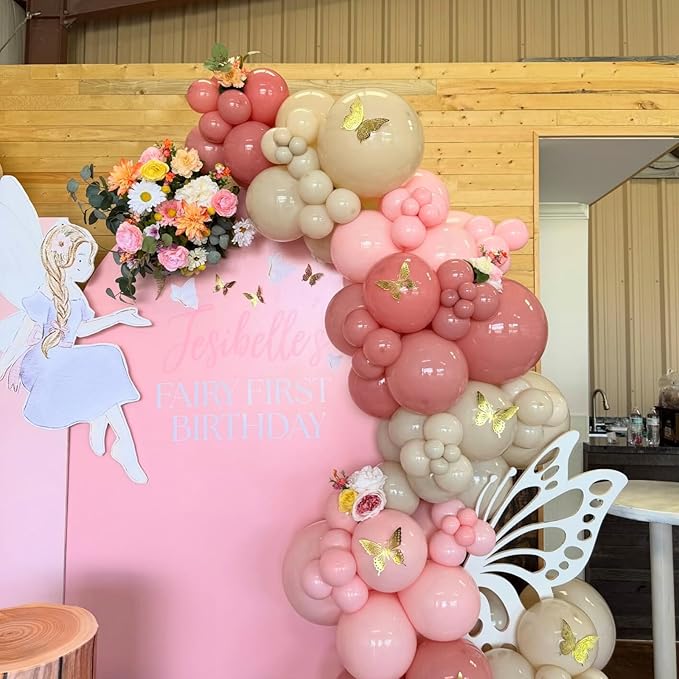 Dusty Pink Birthday Decorations,Rose Gold Sand Boho Balloons Decor Happy Birthday Banner Cake Topper Star Heart Foil Balloon for Women Girl Baby Shower