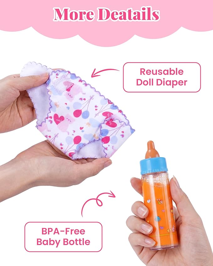 BABESIDE 11 Pcs Baby Doll Accessories Set - Baby Doll Bottles, Diapers, Pacifiers, Bib, Plate - Baby Doll Stuff & Toys for Little Girls