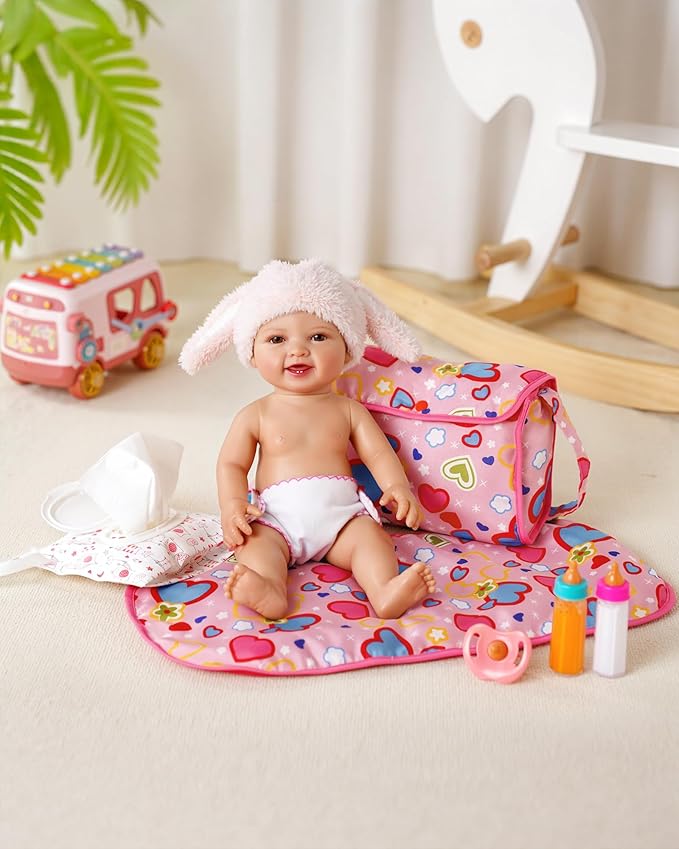 BABESIDE 8 Pcs Baby Diaper Bag Set with Magic Bottles, Baby Doll Accessories Includes Changing Mat, Diaper,Pacifier,Tissue Bag and Bottle with Disappearing Milk for 12-16 inches Dolls