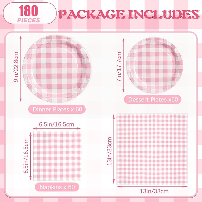 180Pcs Pink Gingham Party Supplies Paper Plates and Napkins Serve 60 Disposable Tableware Set for Birthday Party Decorations Game Day Family Holiday Sports Events
