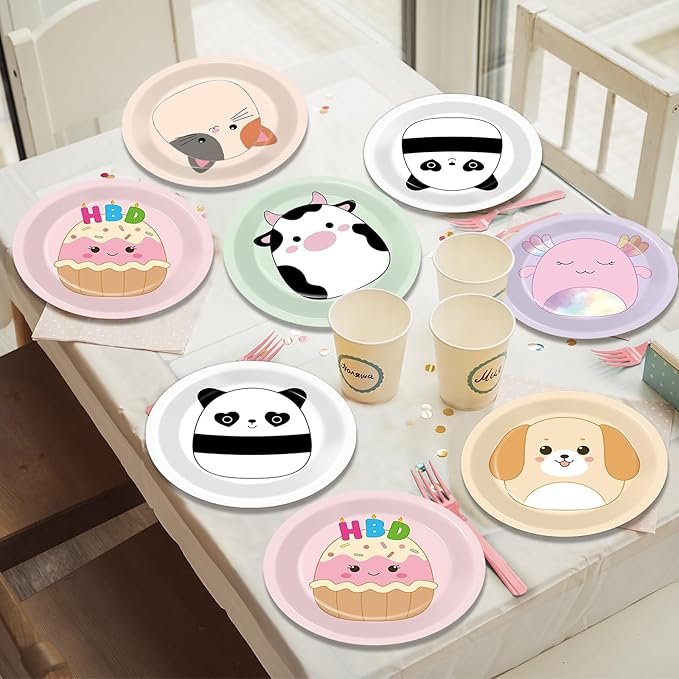60 Pcs Animal Theme Birthday Party Decorations Cute Animals Theme Plates Pet Party Supplies Tableware Squish Kawaii Animal Plate Set Squish Animals Dinnerware for Kids Baby Shower Birthday Supplies