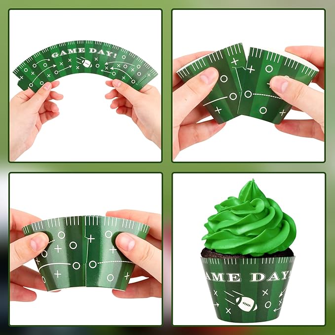 48 Pack Football Cupcake Toppers and Wrappers, Football Rugby Go Team Cake Decoration for Football Theme Birthday Party Sports Game Day Party Supplies