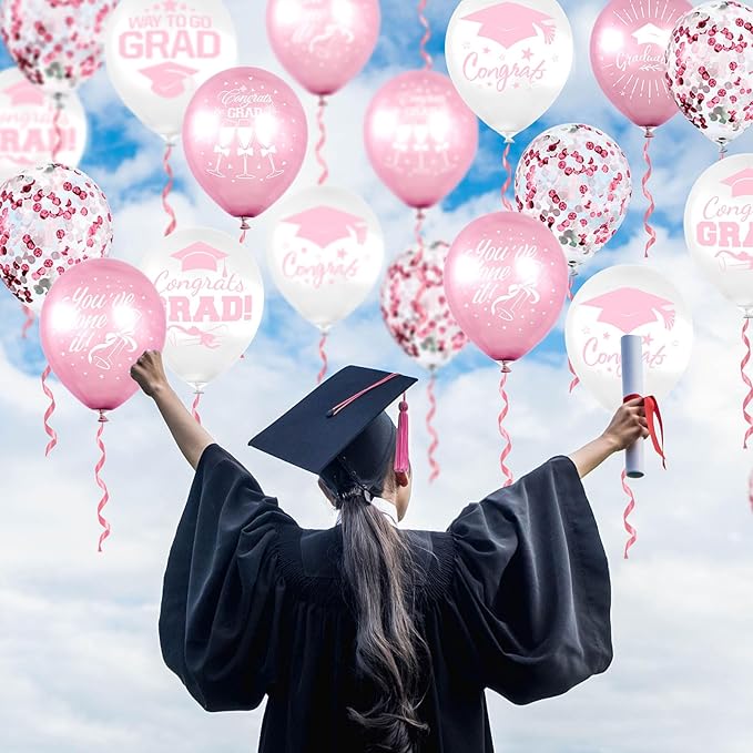 Whaline 60Pcs Graduation Party Balloon Set 7 Designs Confetti Latex Balloon with 2 Rolls Ribbon Grad Cap Congrats Grad Balloon for Graduation Party Decoration Supplies (Pink, White)