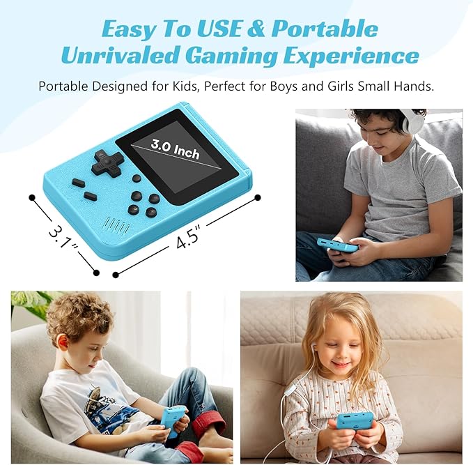 Retro Handheld Games Console, Built-in 400 Video Games,Portable Video Gaming Player with 3.0 Inch IPS Screen and Rechargeable Battery (Blue)