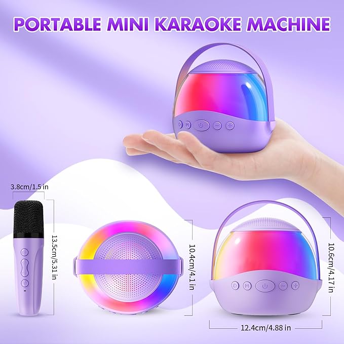 Mini Karaoke Machine Gifts for Kids Adults, Portable Karaoke Speaker with 2 Wireless Microphones, Kids Microphone with Speaker and LED Light, Birthday Gifts for Girls Boys 3-12+ Year Old (Purple)