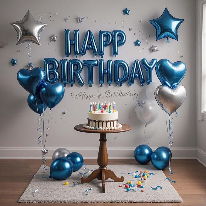 27 Pcs Blue Silver Birthday Decorations, 3D Letters Blue Happy Birthday Balloon Banner, Pentagram Heart Foil Balloons Confetti Balloons Kit For Boys Girls Party Supplies