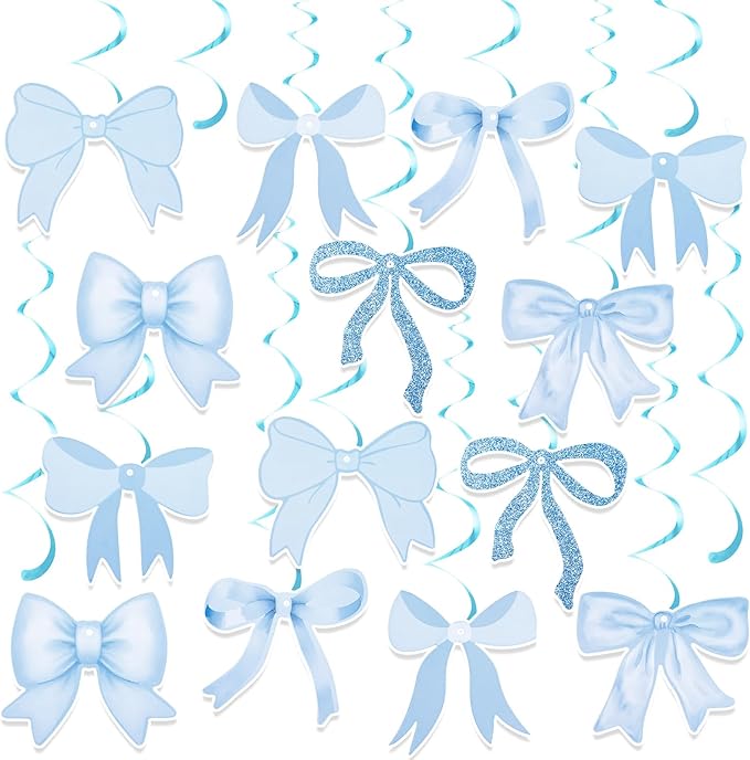 28 Pcs Bow Birthday Decorations Coquette Bow Birthday Hanging Swirls Decorations for Bridal Shower Party Supplies Wedding Christmas Party (Blue)