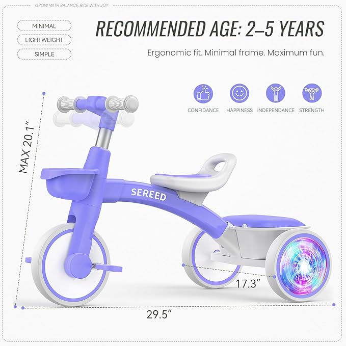 SEREED Colorful Lighting Toddler Tricycle for 2-5 Years Old Boys Girls, Adjustable Seat&Handlebar Trike, Removable Basket, Birthday Gift Idea for Kids Ages 2+ (Purple)