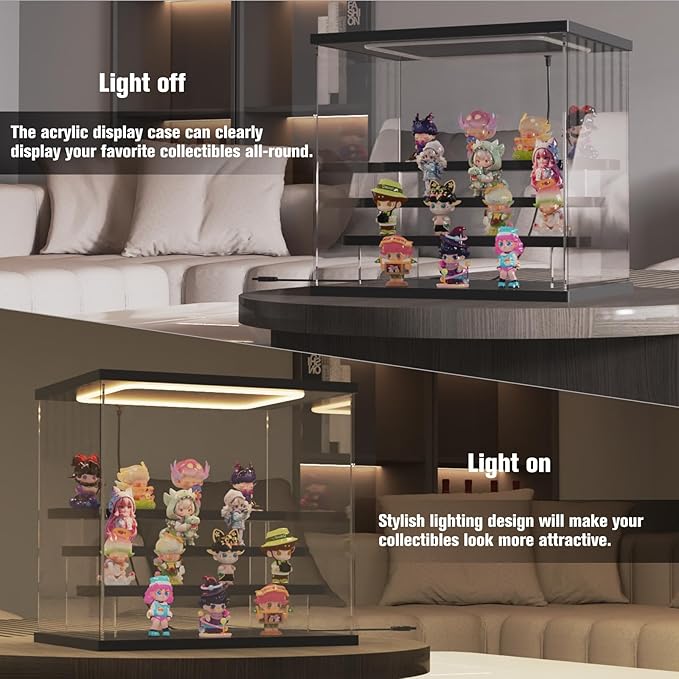Nynelly Acrylic Lighted Display Case for Collectibles, 4 Tier Figure Display Box with Door and Steps, Assemble Dustproof LED Showcase Storage Box for Mini Figures, Funko Pop, Toys, Black