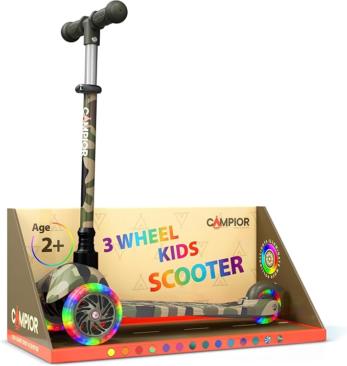 Camo Mini 3 Wheel Scooter for Kids – Lean-to-Steer with LED Light-Up Wheels, Adjustable Handlebar, Wide Anti-Slip Deck, Smooth PU Wheels, Rear Foot Brake – Toddler Scooter for Ages 2+
