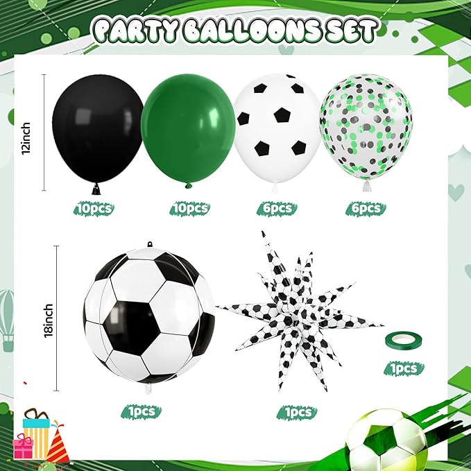Football Balloons, 12 Inch Soccer Balloons with Green Black White Latex Soccer Printed Star Foil Balloons With Ribbons for Football Sport Theme Party Decorations Birthday Supplies