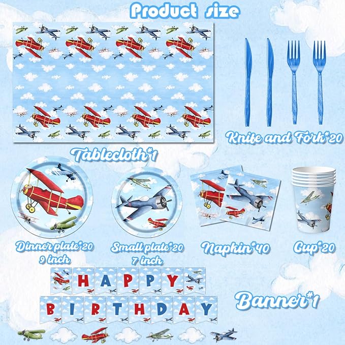142pcs Airplane Birthday Party Decorations Airplane Party Tableware Supplies Airplane Blue Sky White Disposable Plates,Tablecloth,Napkins,Cups,Banner Forks and Knives For Kids Favors Serve 20 Guests