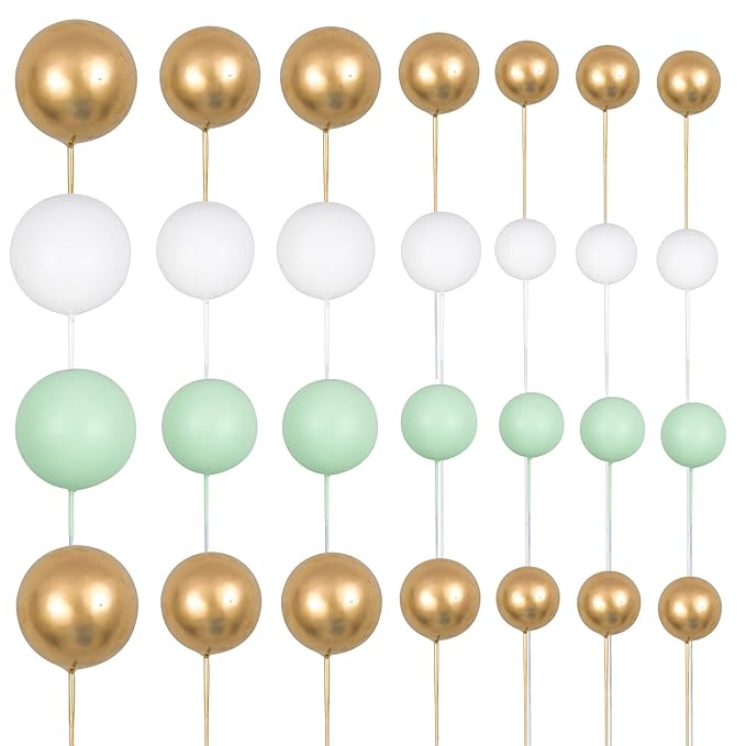 Gyufise 30Pcs Balls Cake Topper Mini Balloons Cupcake Topper DIY Cake Insert Topper Foam Cake Balls Baking Decoration for Wedding Anniversary Valentines Day Birthday Party Green Gold White