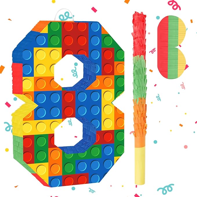 Number 8 Pinata with Blindfold and Bat Stick Building Block 8th Birthday Decorations for Kids Boys Girls Building Block Birthday Party Games Number Pinata for Fiesta