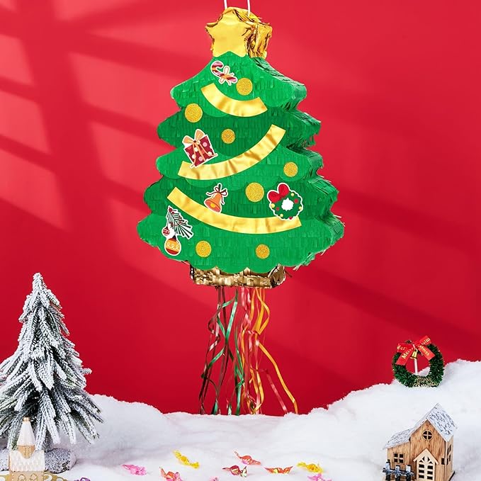 WERNNSAI Christmas Tree Piñata - Christmas Decorations XmasTree Party Game for Kids Festival Party Decor Supply Green Tree Design Merry Xmas Favor Pull String with Blindfold Bat 16.5” x 12.4”