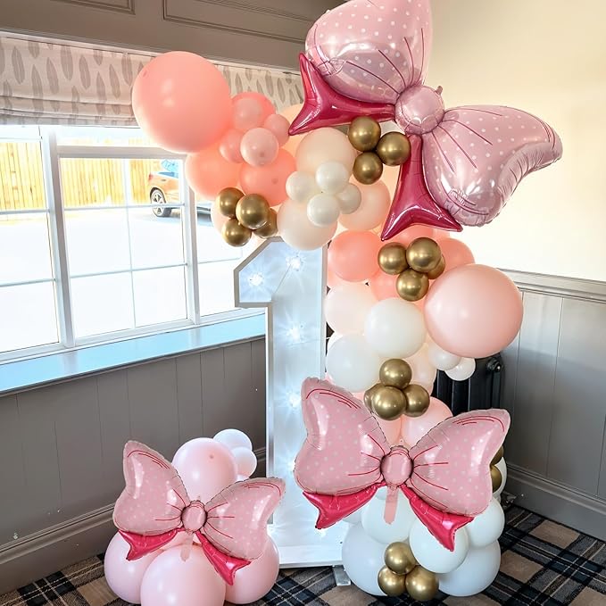 Pink Bow Balloons Different Sizes, Pink Mouse Birthday Decorations Large Polka Dot Bow Foil Mylar Balloons for Girls Kids Cartoon Mouse Theme Oh Twodles Birthday Baby Shower Gender Reveal Party