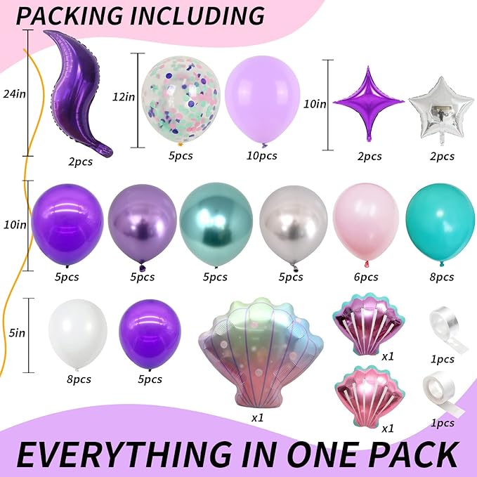 Mermaid Balloon Arch Kit with Tail Mermaid Theme Balloon Garland Pastel Pink Purple Blue Green Metallic Silver Latex Balloons Confetti Shell Foil Balloon Under the Sea Party Decorations Girls Birthday