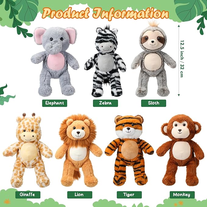 Civaner 7 Pcs Stuffed Animals Bulk 12.5 Inch Cute Soft Animal Plush Toys for Kids Birthday Gifts Baby Shower Party Decorations(Bright Color,Forest)