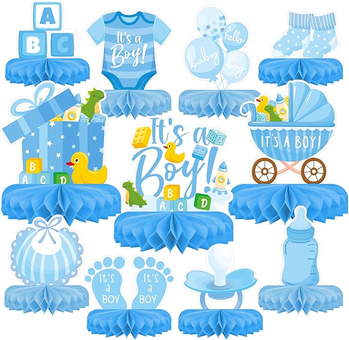 Boy Baby Shower Decorations Set - Kit with blue Honeycomb Centerpiece, Baby Reveal & Themed Table Decor for the Baby Boy Shower Decorations