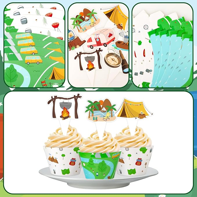 48 Pack Camping Cupcake Toppers and Wrappers, Woodland Adventure Party Cake Decoration for Camping Theme Birthday Party Baby Shower Supplies
