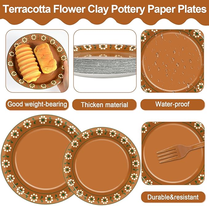 96Pcs Platos De Barro Mexicanos Paper Plates and Napkins Terracotta Flower Clay Pottery Party Decor Mexica Theme Tableware for 24 Guests Fiesta Birthday Wedding Baby Shower Party Supplies