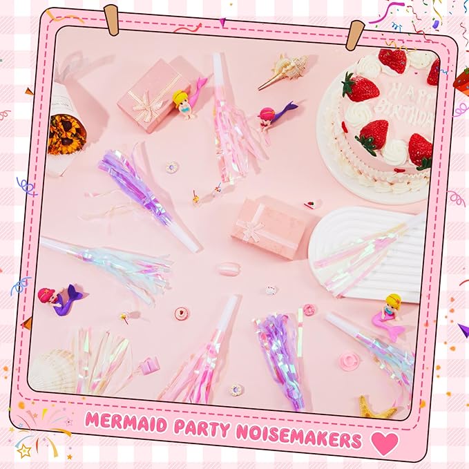 24 Pcs Party Blowers Glitter Iridescent Mermaid Unicorn Princess Noise Makers Metallic Fringed Horns Bulk for Graduation Birthday Favors Kids Decor(Pink, Purple, Blue, White)