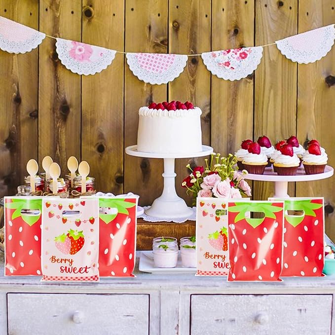 Strawberry Party Favors Bags - 50Pcs Red Pink Strawberry Goody Candy Treat Bags, Summer Berry Theme Party Favor Supplies Decorations for Kids Birthday Baby Shower Wedding