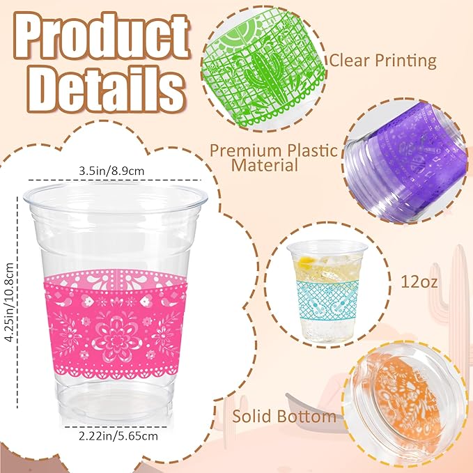 100 Pack Fiesta Plastic Cups, Mexican Papel Picado Disposable Clear Cups with 5 Pattern Designs for Cinco de Mayo, Taco Theme Birthday Party Decorations, 12OZ