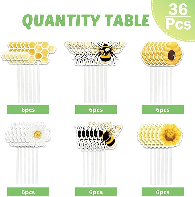 WERNNSAI 36 PCS Bee Cupcake Toppers - Bumble Bee Cake Decorations Honeycomb Cake Toppers Sweet Birthday Party Decorations for Kids Birthday Baby Shower Supplies