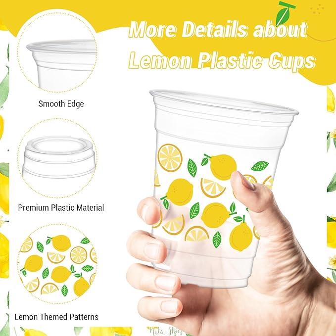 50Pcs Lemon Cups, 12oz Lemon Clear Plastic Cups for Yellow Fruit Themed Party Decorations Baby Shower Birthday Summer Lemonade Party Supplies