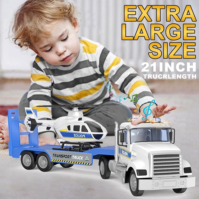 Toddler Boy Toys for 3 4 5 6 Year Old, 22” Semi Truck Toy with Helicopter - Police Toys, Birthday Gifts for Kids Child 3+ Years Old
