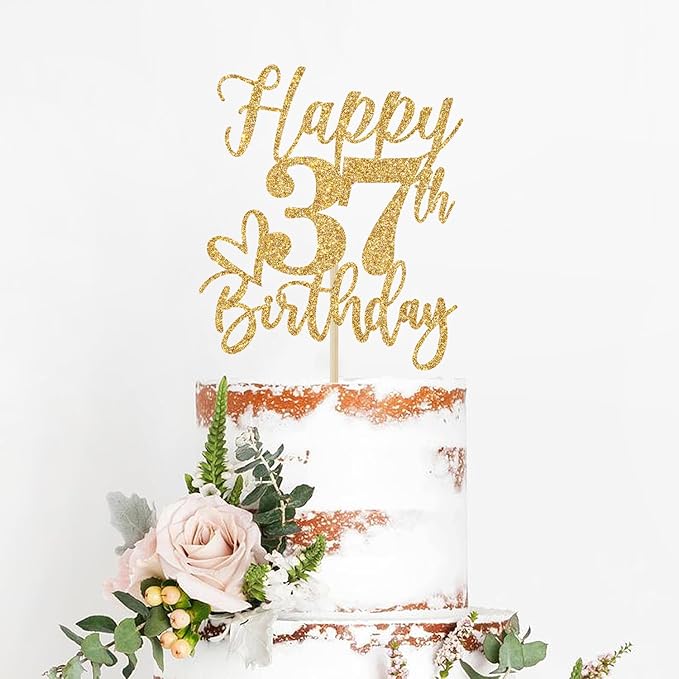 Happy 37th Birthday Cake Topper, 37th Birthday Decorations, Cheers to 37 Years, 37 Happy Birthday Party Supplies Gold Glitter