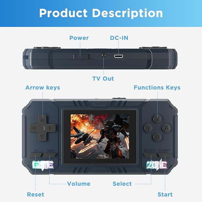 Handheld Portable Game Console, 520 Retro Video Games, 3.0 Inch LCD Screen and 1020mAh Battery Video Games, Portable Game Console Gift for Boys and Girls (Blue)