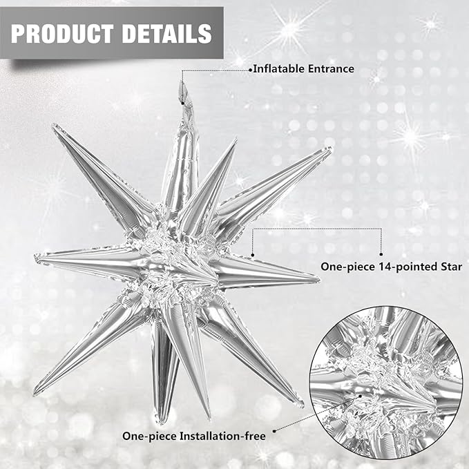 6 Pcs Silver Star Foil Balloons One-Piece 14-Pointed Star Balloon 4D Starburst Cone Mylar Balloon 22inch Christmas Birthday Wedding Wedding Anniversary Party Supplies (22&27 Inches Silver)