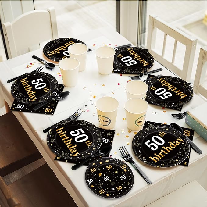 gisgfim 96 Pcs 50th Birthday Party Supplies Paper Plates Napkins Golden Happy Fifty Theme 50th Birthday Decorations Favors for Man and Women Serves 24