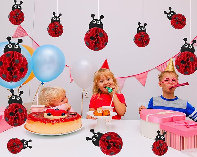 Amyhill 12 Pcs Large Ladybug Birthday Party Decorations Hanging 3D Ladybug Honeycomb Centerpieces Table Toppers Decoration for Birthday Baby Shower Party Supplies