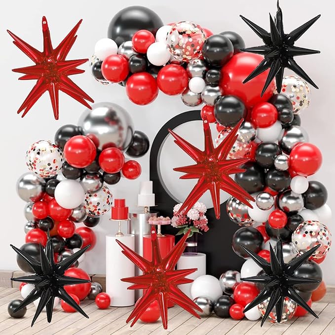 6 Pcs Star Foil Balloons One-Piece 14-Pointed Star Balloon 4D Starburst Cone Mylar Balloon 22inch Christmas Birthday Wedding Wedding Anniversary Party Supplies (Black + Red)