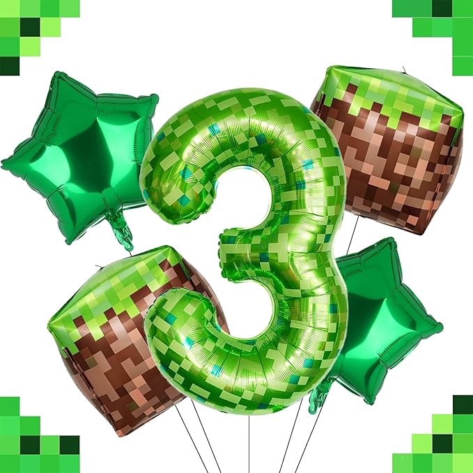 40 Inch Green Pixel Miner Number 3 Foil Balloon Set 5Pcs Large Mylar Mining Theme 3rd Number Balloons Pixel Cubes Video Game Birthday Party Decorations