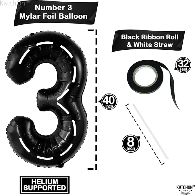 KatchOn Giant Number 3 Balloon - 40 Inch | Number 3 Race Car Balloon for Construction Birthday Party Supplies 3 Year Old