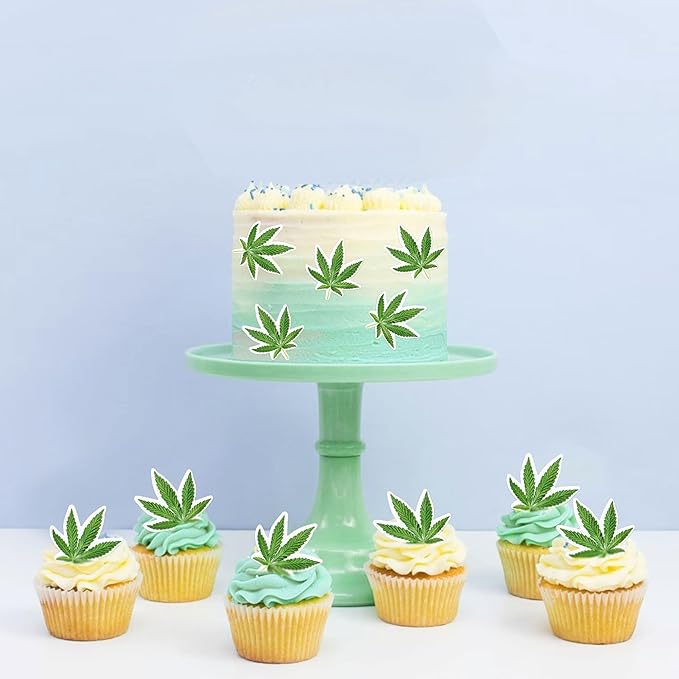 Ercadio 40 Pcs Edible Green Marijuana Cupcake Toppers Have a Dope Birthday Cake Topper Cake Drink Topper Decorations for Men Women Marijuana Them Party Supplies