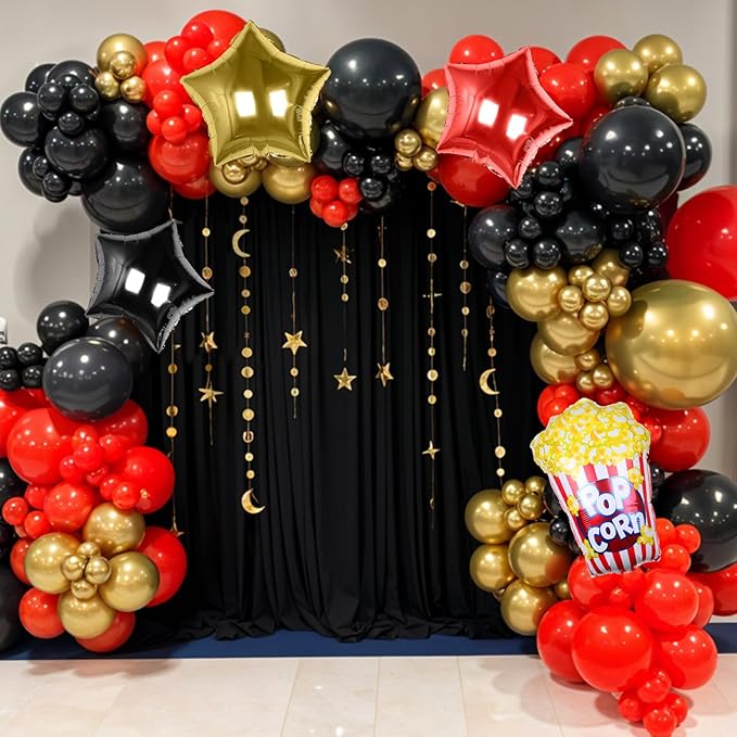 Movie Night Balloon Garland Arch Kit, Red Black Metallic Gold Confetti Balloons with Star Foil Popcorn Balloons for Birthdays Movie Theme Film Party Anniversaries Decorations